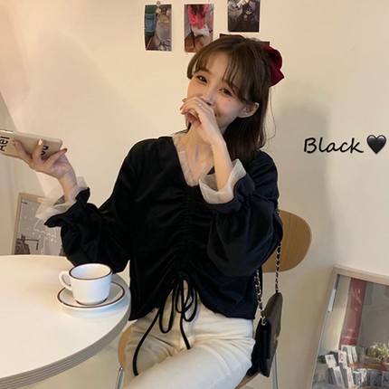 [해외]여자 블라우스 여자 아우터 여름 셔츠 쇄골 상의 심기디자인 2021 이른 봄 신학생 개학 시즌 망사 패치 여성복