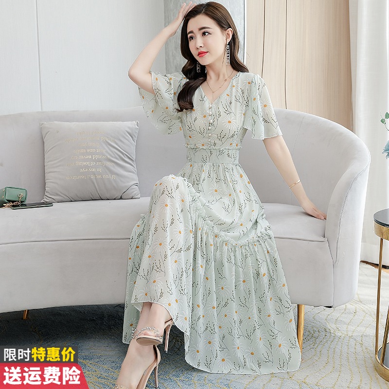 [해외]시원한 여름 냉장고원피스 꽃무늬 쉬폰 여성 2021년 신작 봄 시즌 기질 바스락 원피스