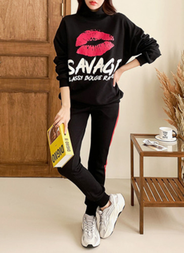 여성 트레이닝 입술 세트 기모 폴라 조거팬츠 빅사이즈 여자 운동복 캠핑룩 투피스