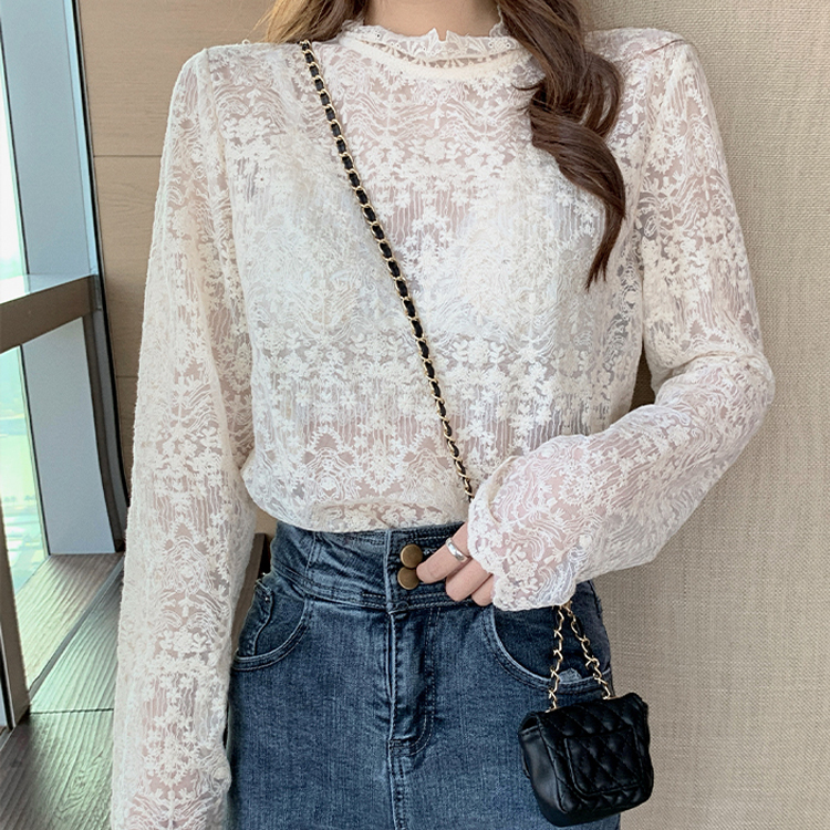 애드앤피플 여성 레이스 블라우스 긴팔 하이넥 시스루 레이어드 이너 티셔츠