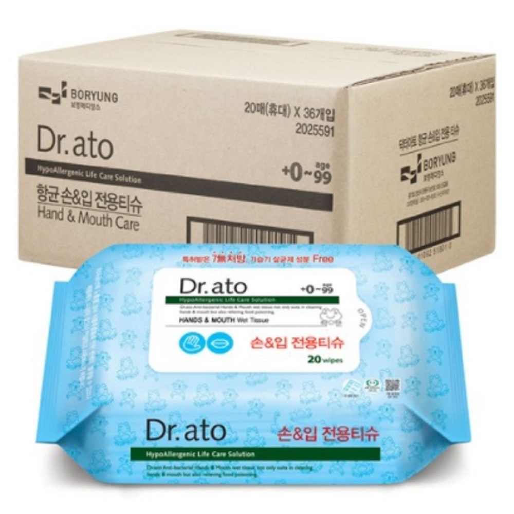 닥터아토 순면감촉 원단 식품첨가물 주성분 무향료 저자극 손&입 전용 아기물티슈_휴대형 20매 36팩