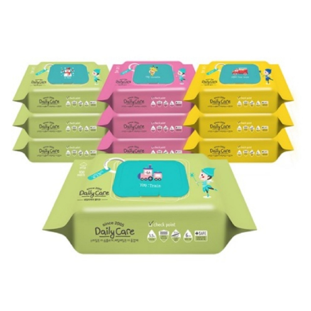 데일리케어 6단계 정제수 부드러운 플레인 원단 아기물티슈_캡형 100매 10팩