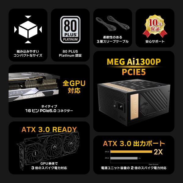 MSI MEG Ai1300P PCIE5 ATX3.0/PCIe 5.0 네이티브 대응 저소음 80PLUS PLATINUM 전원 유닛 PS1231