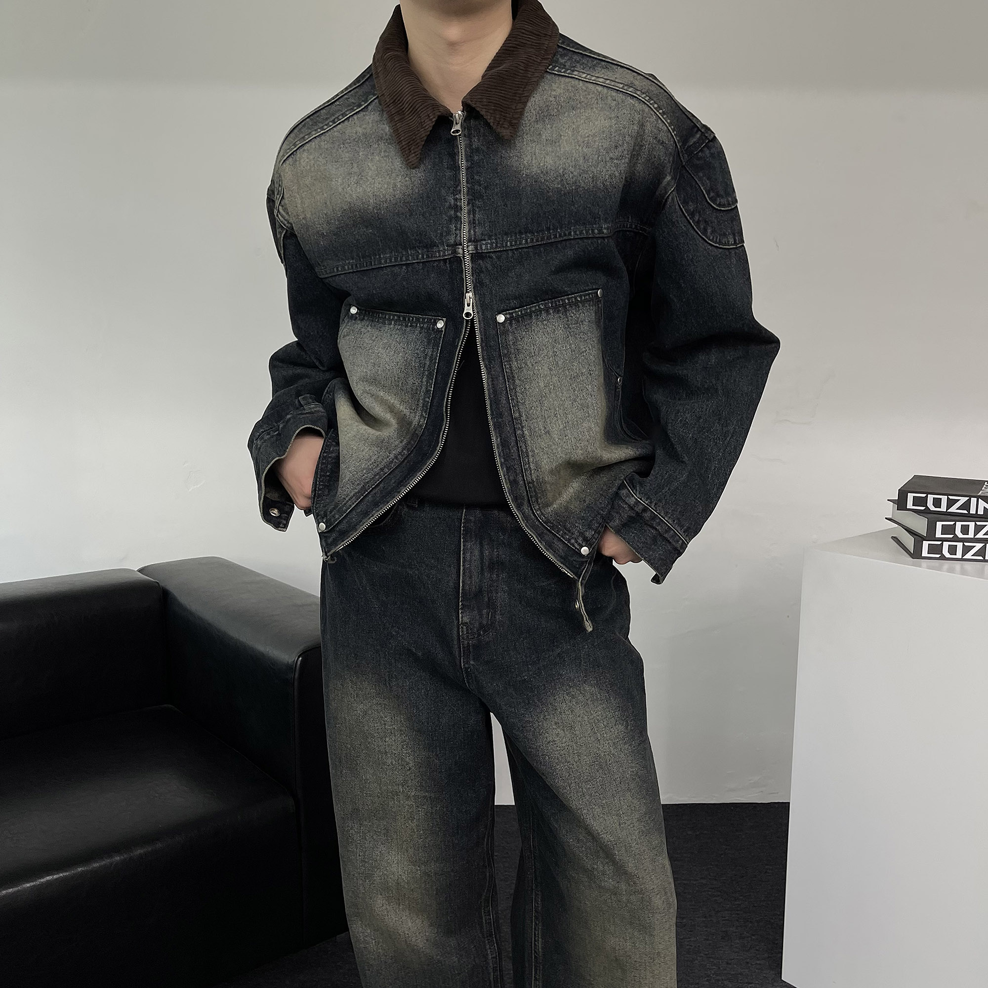 지엠 오버핏 가먼트 다잉 셋업 코듀로이 카라 배색 데님 자켓