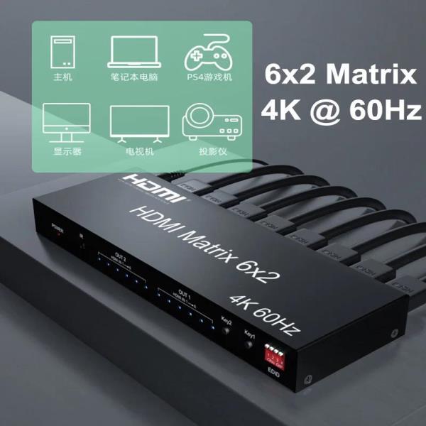 HDMI 스위치 분배기 Xbox PC DVD-TV 듀얼 모니터용 4K 60hz 6x2 매트릭스 IN OUT 오디오 컨버터