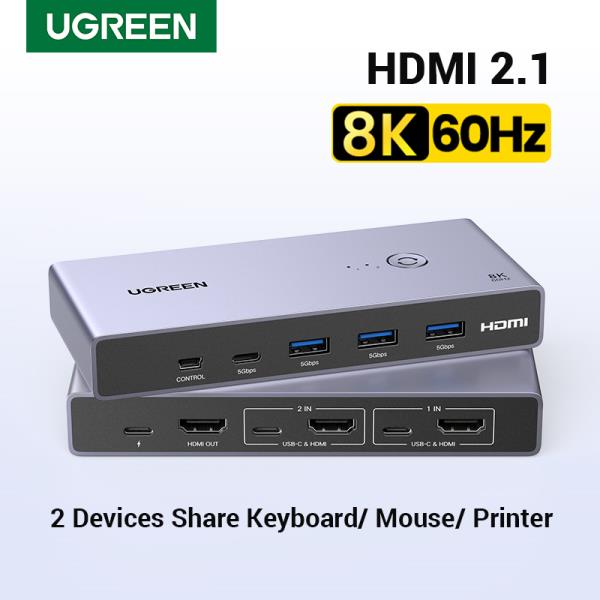 UGREEN 8K 60Hz HDMI KVM 스위치 2대 PC 1대 모니터 공유 키보드 마우스 프린터 지원 PS5 Xbox 노트북 TV 프로젝터용 고해상도 3D HDR 멀티 장치 연