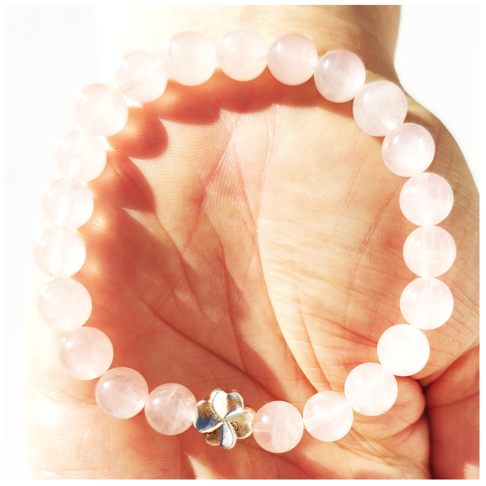 금림천하 금림천하 천연 장미석 로즈쿼츠 925실버 네잎클로버 포인트 사랑운 연애운 원석팔찌 8mm