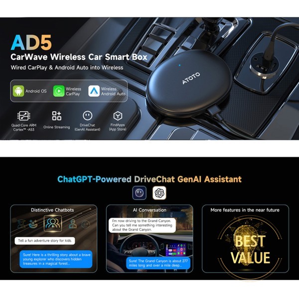아토토 스마트카 안드로이드 오토 무선 카플레이 어댑터 자동차 AI TV 비디오 박스 카 링 키트 블루투스 스테레오 AD5