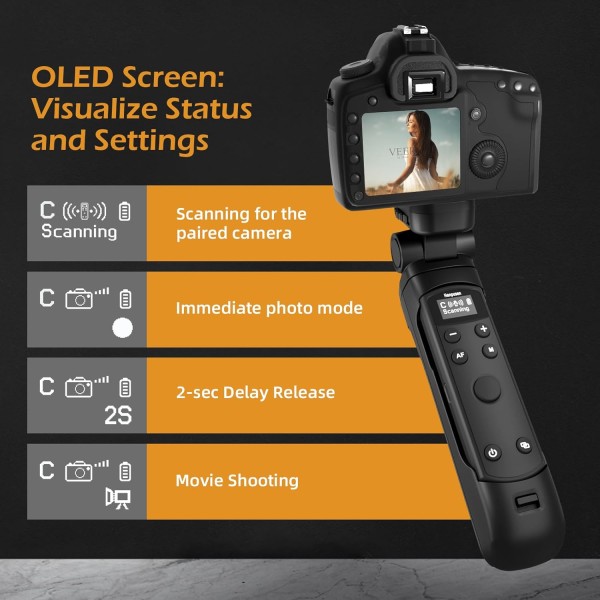 Canon G5XII/G7XIII/V10/V1/R8/R10/R50/R100/M6 II/M200/M50/SL2용 OLED 스크린 원격 제어 기능이 있는 무선 촬영 그립 삼각대